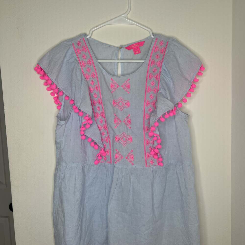 LILLY PULITZER Raquelle Top Bluebell Blue, Swiss Dot Dobby, Pink PomPom NEW